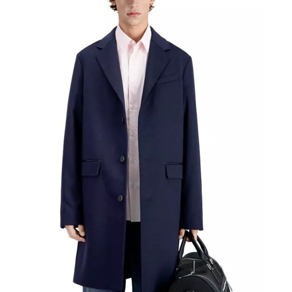 The Kooples Straight Fit Wool Blend Leather Piping Coat Navy Size FR 46/US 36